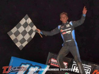 Kasey Jedrzejek after winning the Great Lakes Super Sprints feature Saturday at Butler Motor Speedway. (Jim Denhamer Photo)