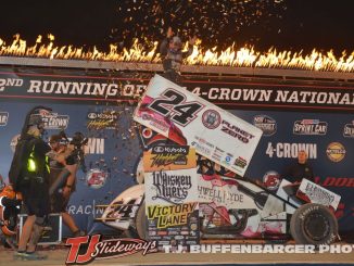 Rico Abreu giving the "Bloomquist Chop" after winning the High Limit Sprint Car Series feature at Eldora Speedway. (T.J. Buffenbarger Photo)