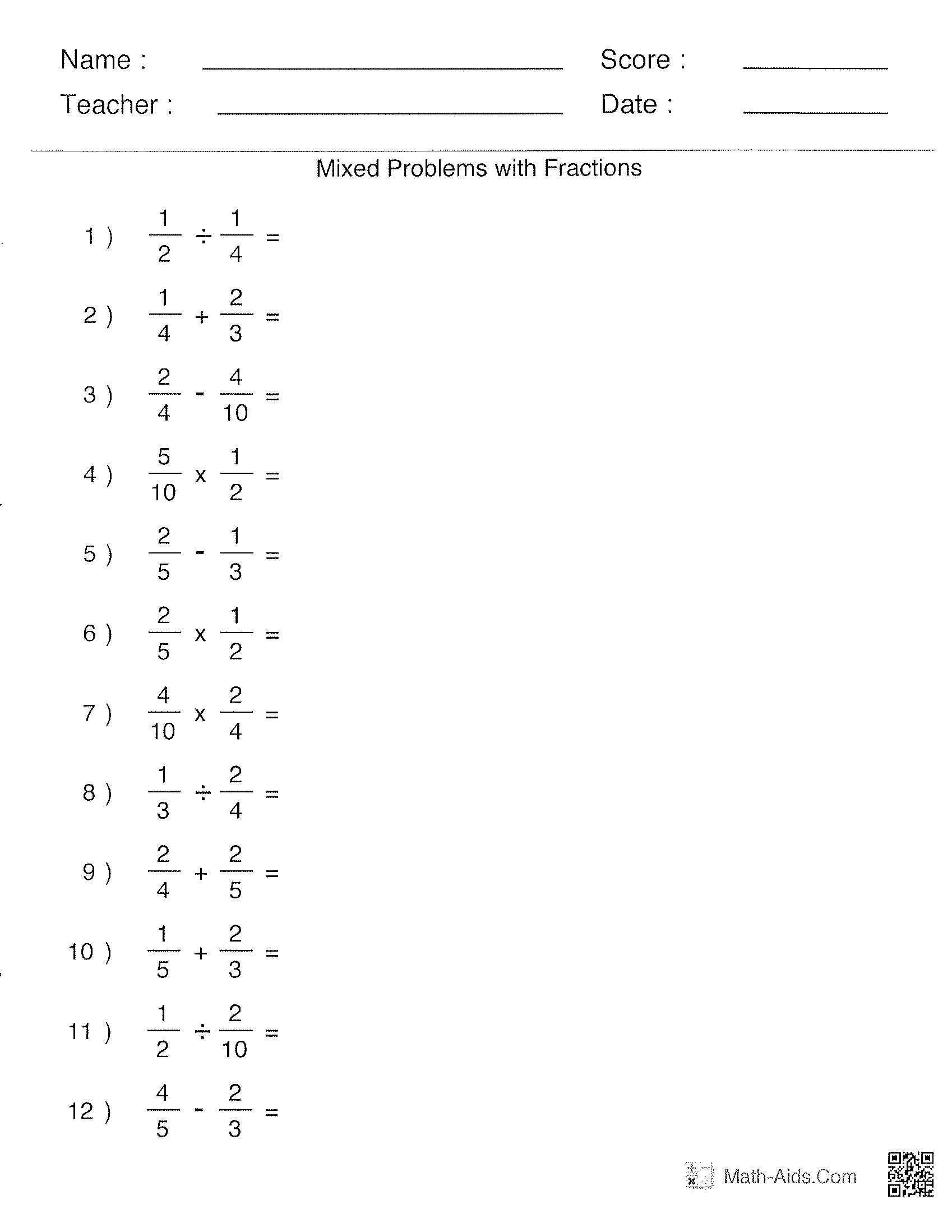 Four Operations With Fractions Worksheets