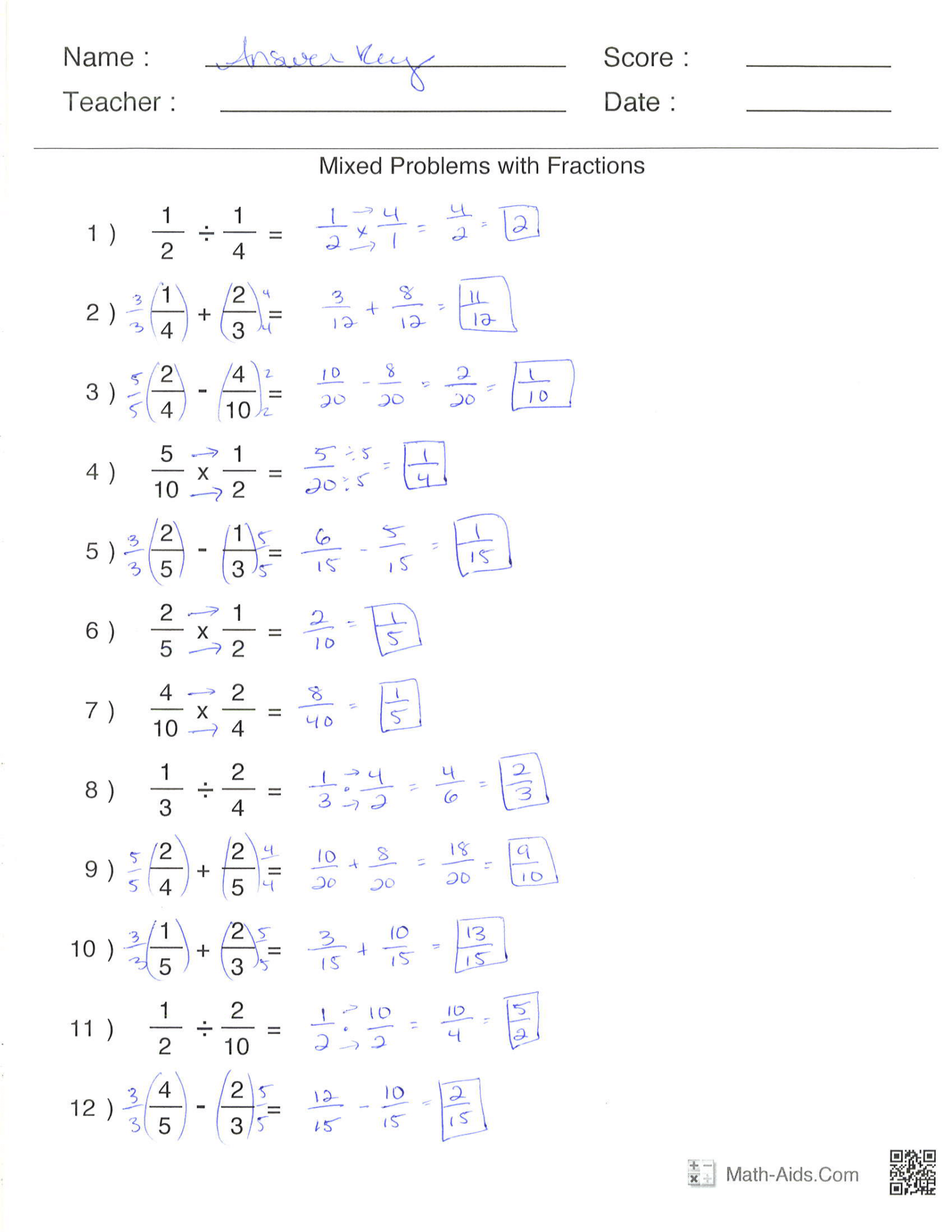 Basic Operations Worksheet Fractions