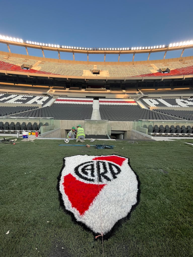 El escudo de River, en el césped del Monumental (Foto: @juanbalbi9).