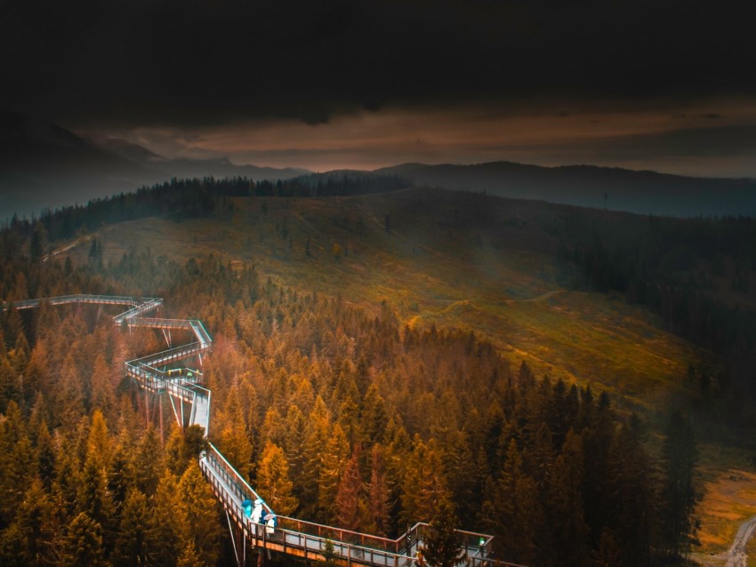 Bridge Mountains Fog Clouds Aerial View Background