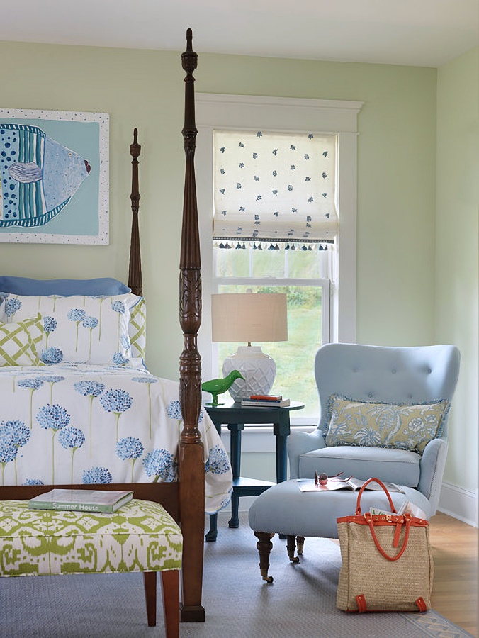 Traditional bedroom decorated in blues and greens