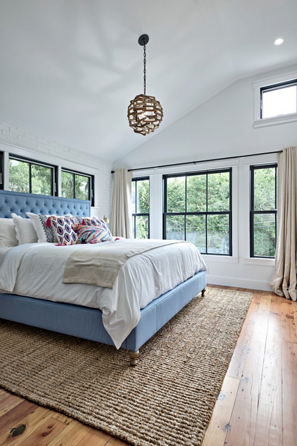 Wall of windows in Zen bedroom