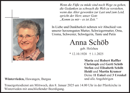 Traueranzeige von Anna Schöb von Augsburger Allgemeine, Illertisser Zeitung