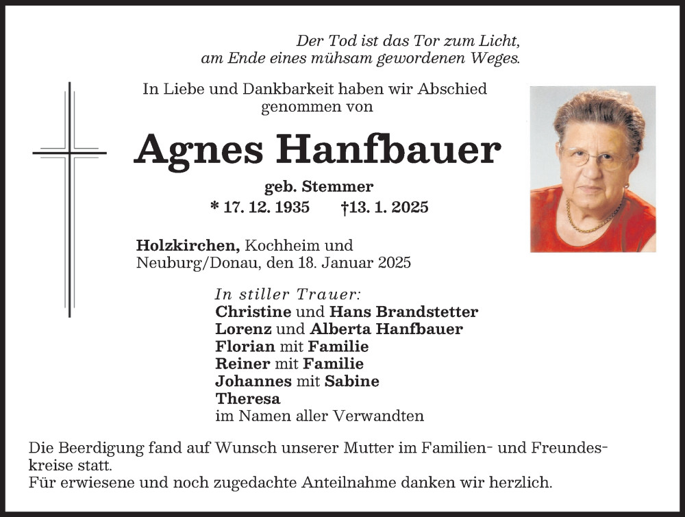 Traueranzeige von Agnes Hanfbauer von Neuburger Rundschau