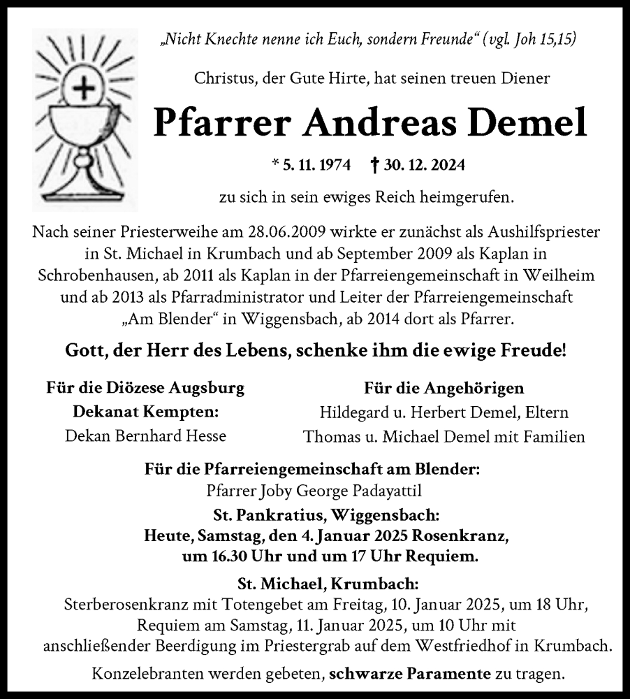 Traueranzeige von Andreas Demel von Augsburger Allgemeine