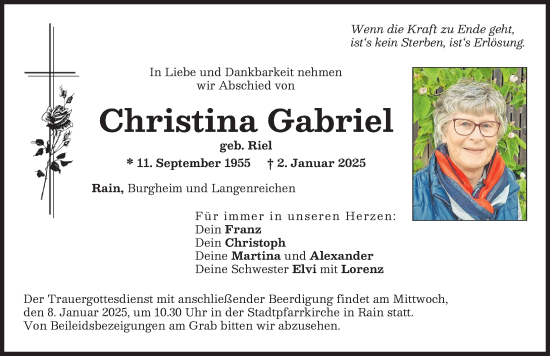 Traueranzeige von Christina Gabriel von Donauwörther Zeitung