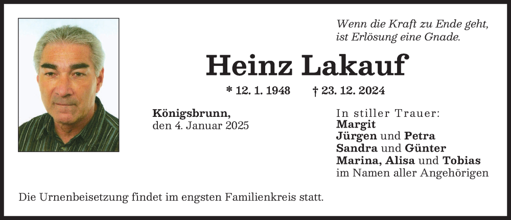 Traueranzeige von Heinz Lakauf von Landsberger Tagblatt, Schwabmünchner Allgemeine