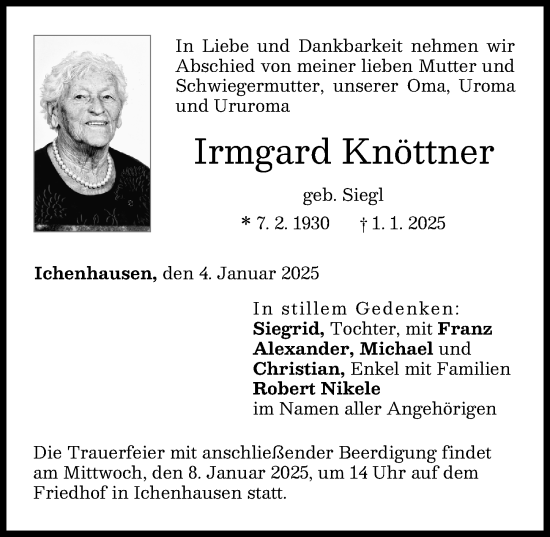 Traueranzeige von Irmgard Knöttner von Günzburger Zeitung