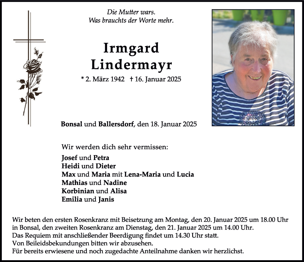 Traueranzeige von Irmgard Lindermayr von Neuburger Rundschau