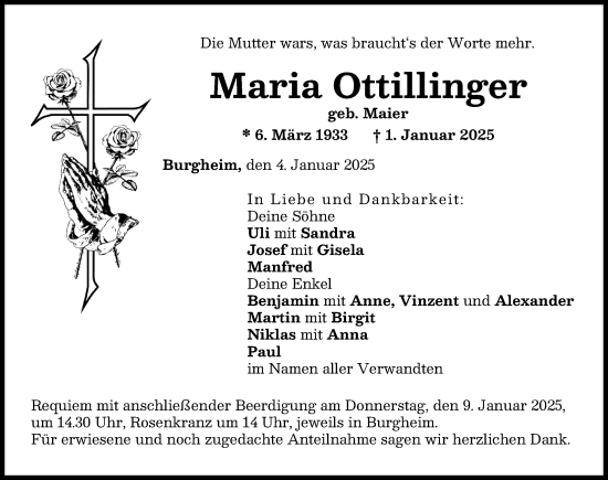 Traueranzeige von Maria Ottillinger von Neuburger Rundschau