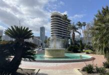 a fountain in a park with palm trees and buildings in the background