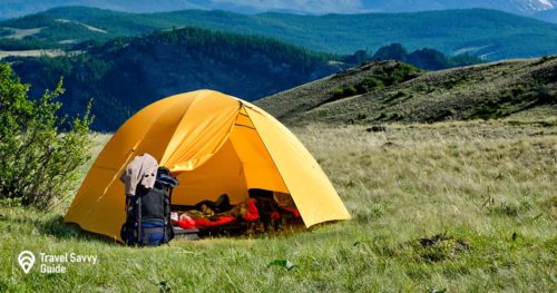 tourist tent camping in mountains