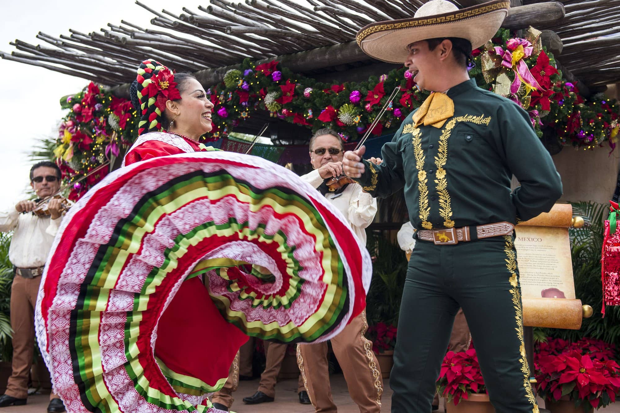 Festive mariachi band music and dancing at the Mexico pavilion at Epcot with kids for Holidays Around the World 