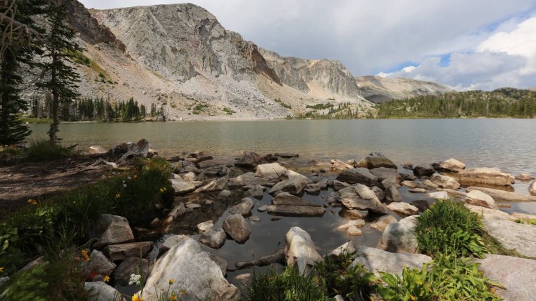 lake with mountain background