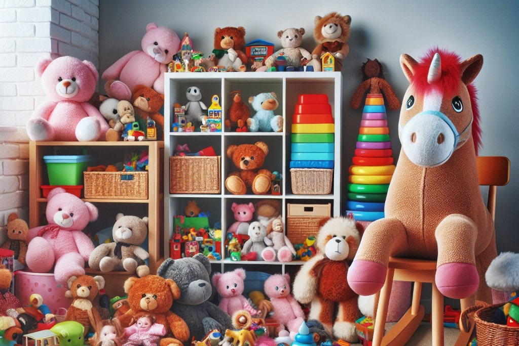 Stuffed animals and other toys in a child's bedroom.