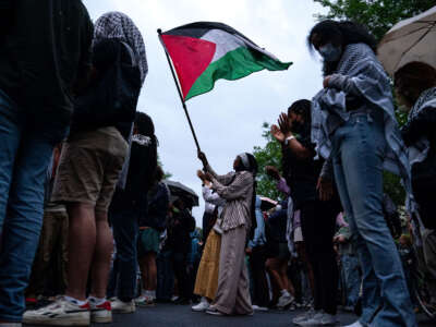 Pro-Palestinian demonstrators rally after marching from University Yard at George Washington University on May 9, 2024, in Washington, D.C.