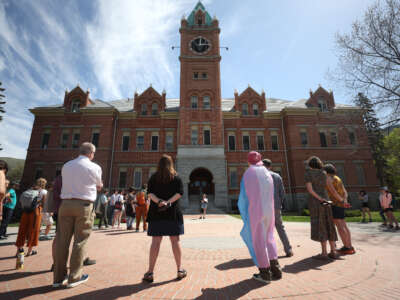 Transgender rights activists gather for a demonstration on the University of Montana campus on May 3, 2023, in Missoula, Montana.