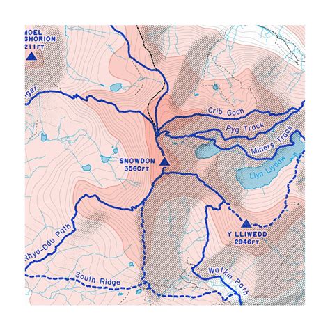 SNOWDON Colour Snowdonia, Wales, UK Mountain Hiking Trail Map Art Print ...