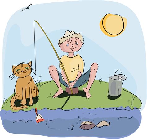 Clipart - boy and cat fishing