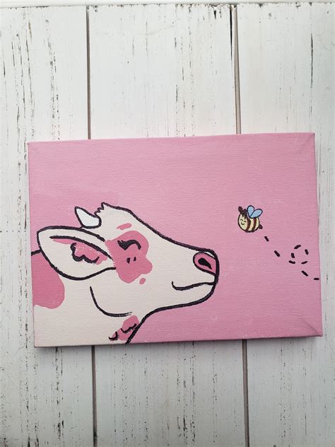 Strawberry Cow and Bee Painting Acrylic Small Painting Canvas - Etsy