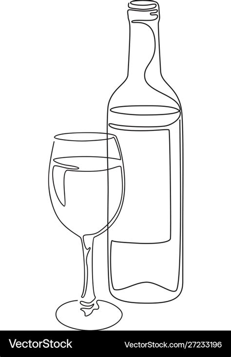 Continuous line drawing bottle and glass wine Vector Image