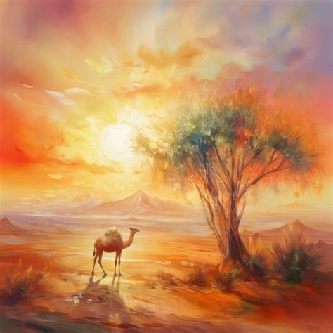 Premium AI Image | painting of a camel in a desert with a tree and a ...