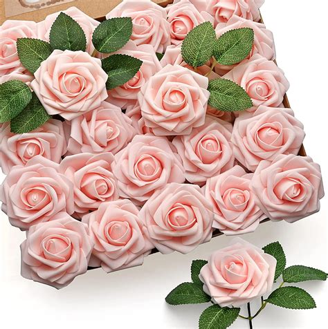 Mocoosy 50Pcs Blush Pink Artificial Roses, Real Touch Foam with Stem ...