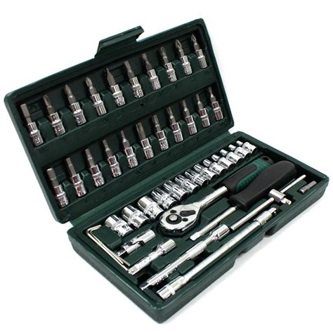 46 pc 1/4" Drive Socket Set Ratchet Wrench Star Hex Torx Bits Flex Bar ...