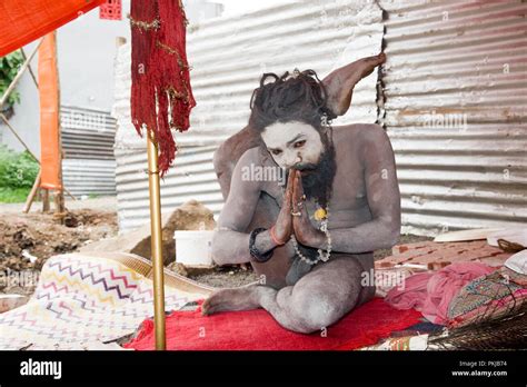 Naga baba sadhu doing yoga at nashik Kumbh Mela maharashtra India Stock ...