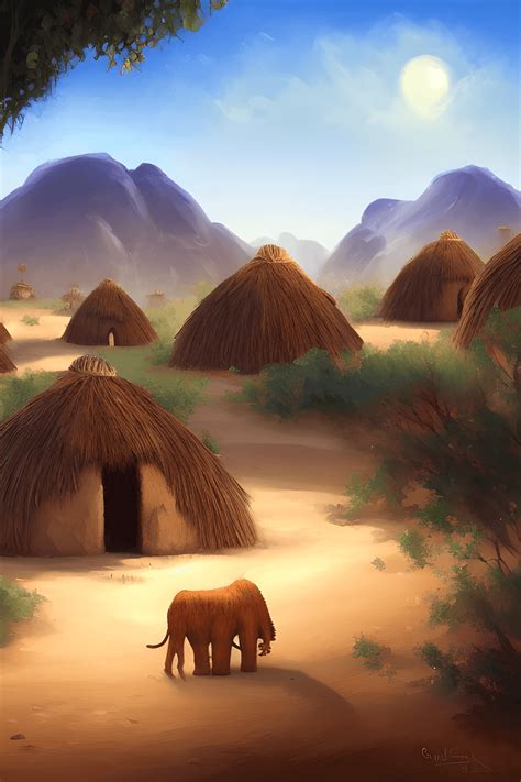 African Village with Tribal Huts and Desert Background · Creative Fabrica