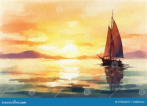 Sailboat Sailing on the Sea at Sunset. Painted with Watercolors, the ...