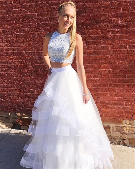 White 2 Pieces Prom Dress,Shinny Beaded Formal Dresses,2K17 Senior Prom ...