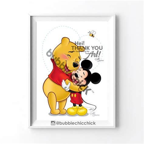 Winnie the Pooh Mickey Mouse Art Print Winnie the Pooh Hugging | Etsy