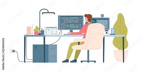 Programmer, coder, web developer or software engineer sitting at desk ...