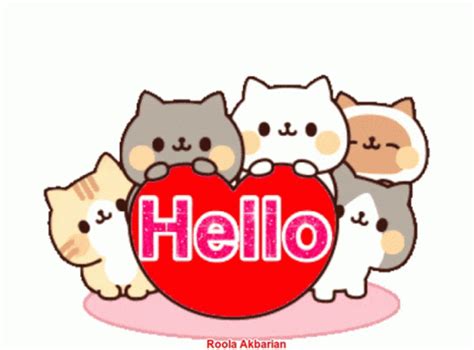 a group of cats with the word hello written on it