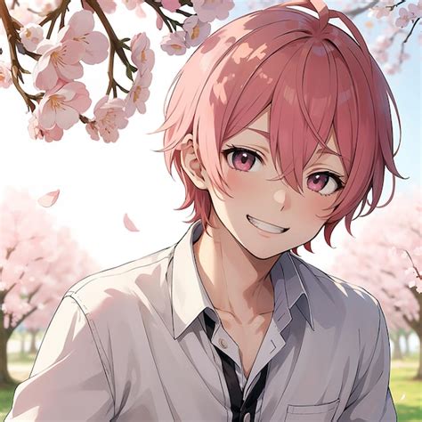 Premium AI Image | a cute anime boy with pink hair under a cherry tree