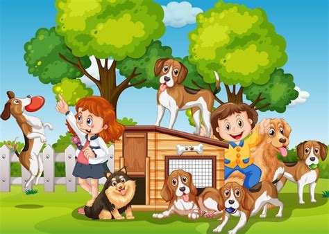 Escena al aire libre con niños jugando con su perro. | Vector Premium