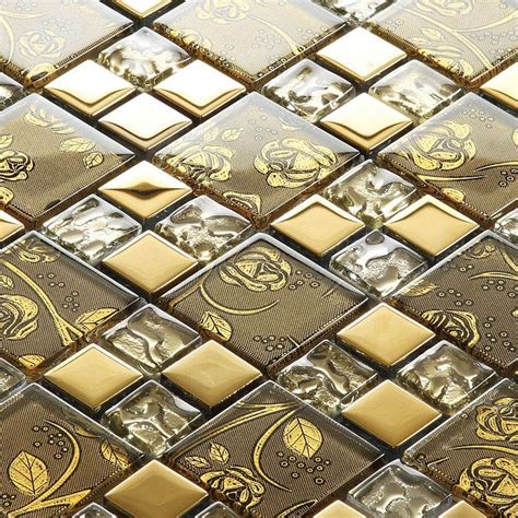 gold plated glass mosaic sheets bathroom wall backsplash tiles bedroom ...