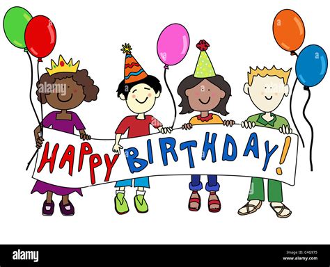 Happy multicultural cartoon kids holding a Happy Birthday banner Stock ...