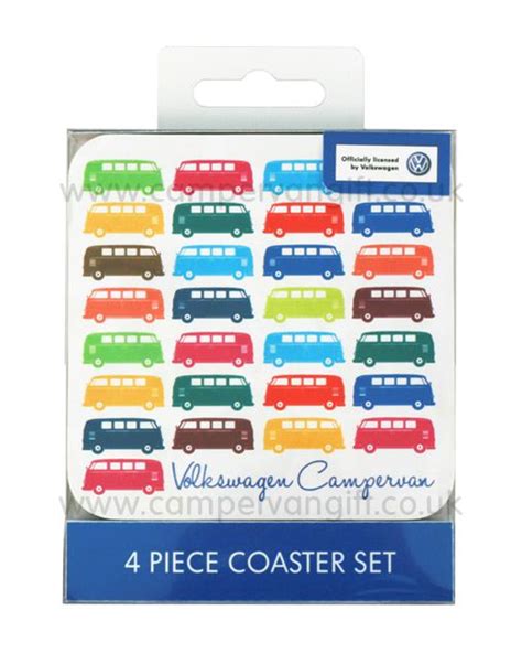 four piece coaster set with colorful buses on the front and back, in ...