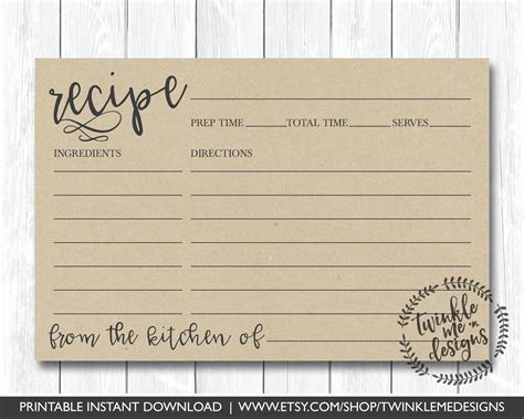 Recipe Card Printable Bridal Shower Recipe Cards Place Cards ...