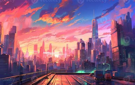 anime city skyline with train tracks and a train passing by. generative ...