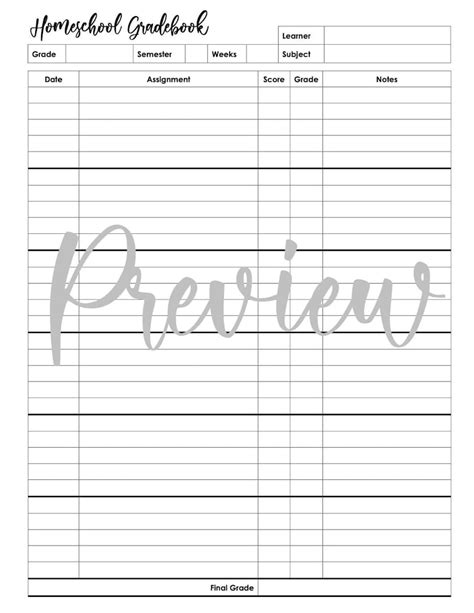 Homeschool Gradebook Printable Homeschool Grading Sheet Grade Tracker ...