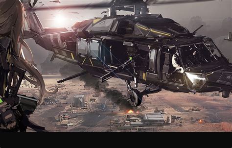 Wallpaper girl, the city, weapons, smoke, home, anime, art, helicopter ...