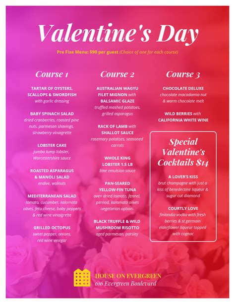 Pink Valentine's Day Pre Fixe Menu Template