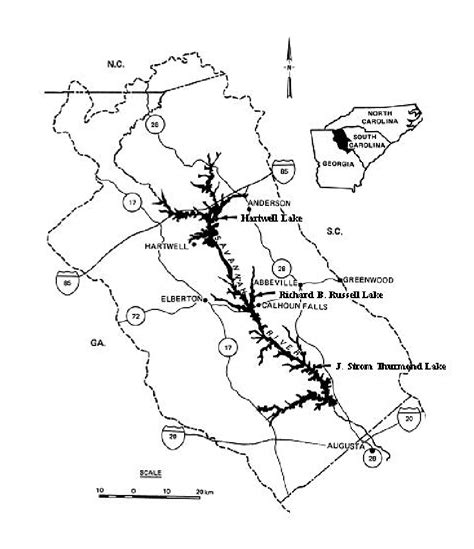 1: Map of the upper Savannah River system containing the study reservoirs