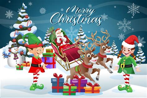 Merry Christmas scene greeting card cartoon Santa Claus with elves and ...