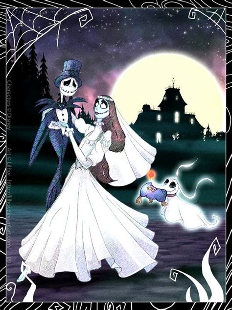 a skeleton bride and groom in front of a spooky castle with a ghost